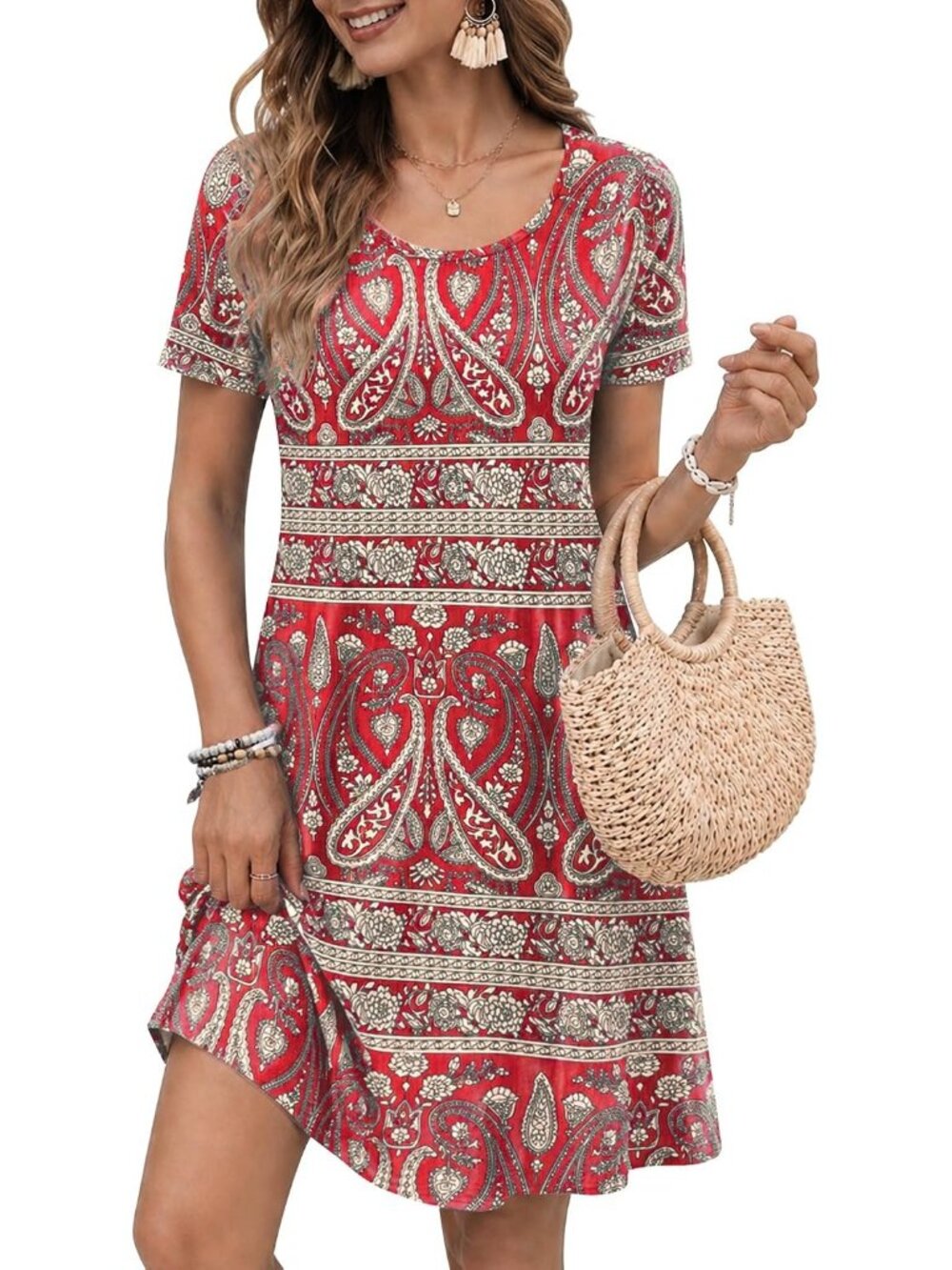 Women's Boho Red Floral Crew Neck Casual Short Sleeve Pull On Pockets T Shirts